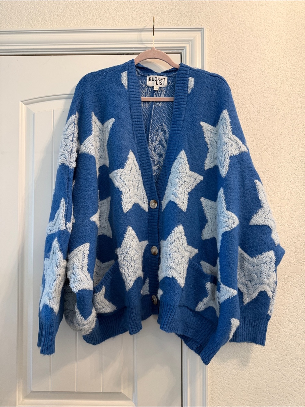 BUCKETLIST Blue and White Star Knit Cardigan, Sz L
